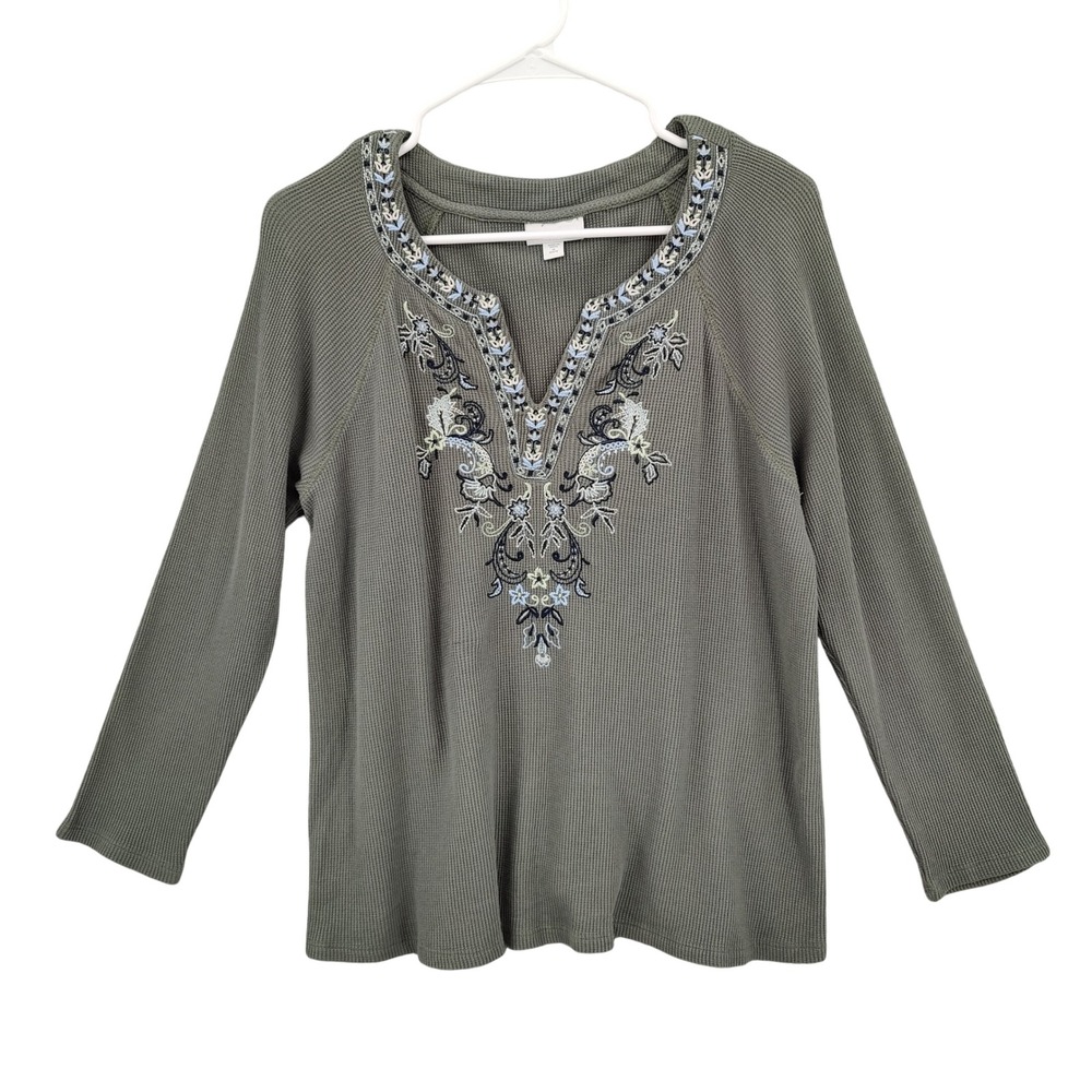 J Jill Women Medium Petite Green Waffle Knit Embroidered Long Sleeve Top Thermal